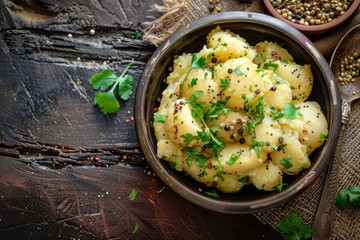 Indian boiled mashed potatoes curry known as Aloo ki sukhi sabzi or Batatyachi suki bhaji in...