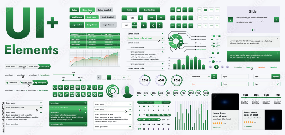 Poster a set of modern green web interface elements designed for the development and design of websites and