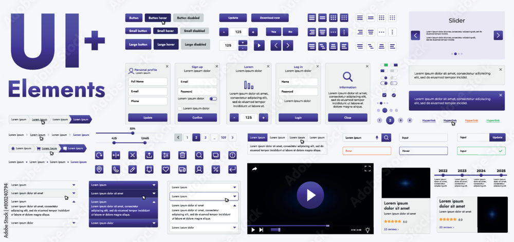 Poster a set of modern violet web interface elements designed for the development and design of websites an