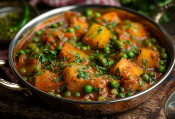 Indian curry with potato peas onion tomato gravy coriander leaves served in karahi