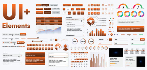 A set of modern orange web interface elements designed for the development and design of websites and mobile applications. Includes buttons, icons, navigation elements, slyder, forms.