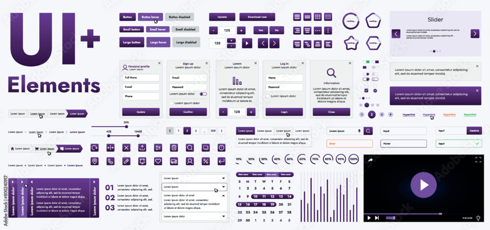 Poster a set of modern purple web interface elements designed for the development and design of websites an