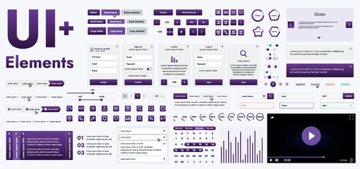 A set of modern purple web interface elements designed for the development and design of websites and mobile applications. Includes buttons, icons, navigation elements, slyder, forms.