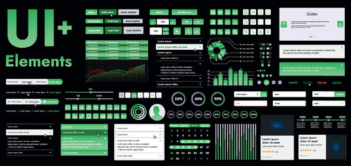A set of modern green web interface elements designed for the development and design of websites and mobile applications. Includes buttons, icons, navigation elements, slyder, forms.