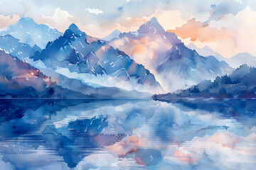 A light watercolor of high mountains with blue and white clouds in a serene and tranquil atmosphere