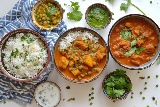 Indian dishes with rice and sides