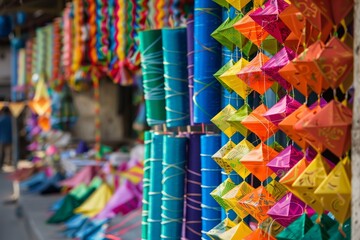Indian paper kites and thread reels sold during spring festivals like Makar Sankranti