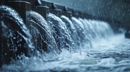 Dynamic and dramatic close-up of water gushing from the multiple spillways of a dam, capturing the energy and power of controlled water release.