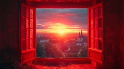 The red sunset is beautiful from the window. Sunset. Sky background.