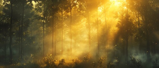 Fototapeta premium Misty mornings and golden sunlight filtering through the trees, casting a warm glow over the forest landscape