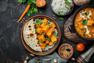 Indian soup with rice pumpkin and flatbread on dark background