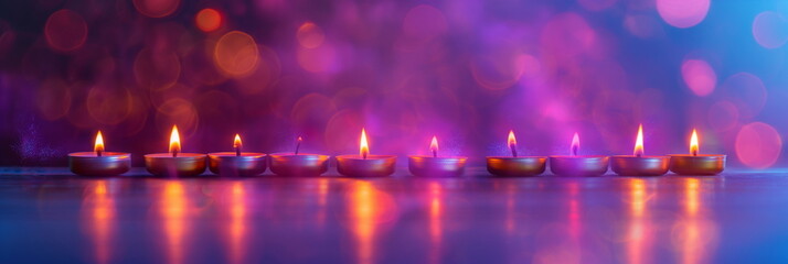 Row of lit Diya lamps on a festive background, ideal for spiritual and cultural events