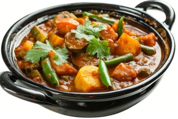 Indian vegetarian meal Veg Kolhapuri in black bowl on white background