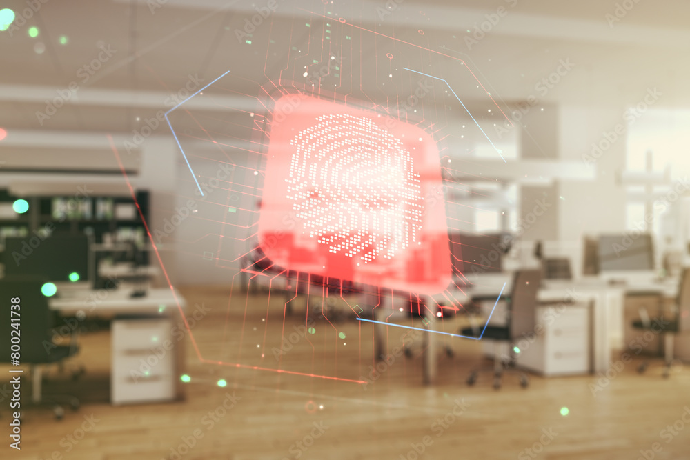 Poster Multi exposure of virtual graphic fingerprint sketch on a modern furnished classroom background, fingerprint scan data concept