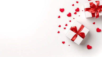 Valentine's Day card and gift box are isolated on a flat lay white background.