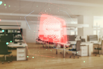 Multi exposure of virtual graphic fingerprint sketch on a modern furnished classroom background,...