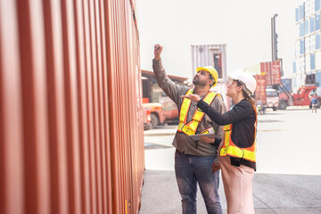 shipping company worker together with caucasia independent inspector using digital tablet to inspect safety of container boxes at port terminal,concept of cargo container inspection,shipping industry