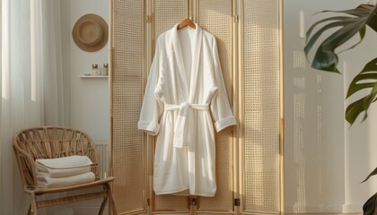 Indoor screen displays a clean white robe