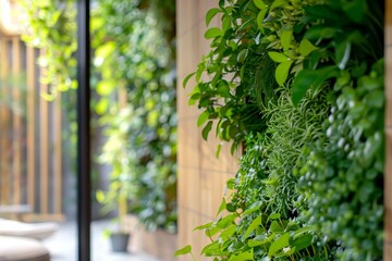 Fototapeta premium Indoor vertical garden with natural green plant wall in modern house or flat cozy eco design