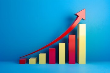3D bar chart with red arrow pointing up, on blue background, showing growth trend