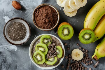 Ingredients for healthy vegan breakfast chocolate chia pudding with banana and kiwi on gray table