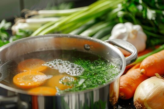 Ingredients for homemade bone broth or soup chicken and fresh vegetables cooked in water