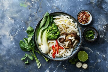 Ingredients for Japanese udon soup noodles bok choi cabbage enoki and shimeji mushrooms lime chili pepper in porcelain bowl on blue metal surface - obrazy, fototapety, plakaty
