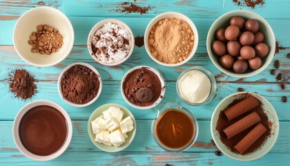 Ingredients needed to make a Tiramisu dessert including cocoa coffee and mascarpone cheese on a turquoise wooden background
