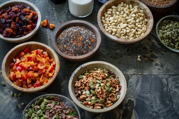 Ingredients like seeds nuts and dried fruits are added to circular bowls for salad