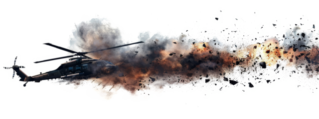 Combat helicopter explosion in the air from a missile hit isolated on the transparent background