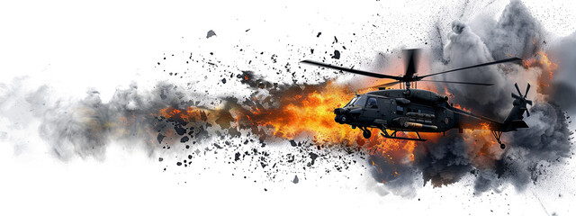 Combat helicopter explosion in the air from a missile hit isolated on the transparent background