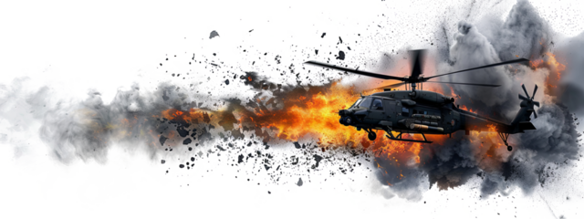 Combat helicopter explosion in the air from a missile hit isolated on the transparent background
