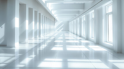 An empty, white, futuristic hallway