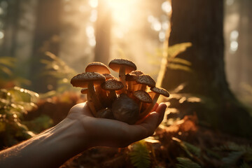 Hand holding group of mushrooms in forest