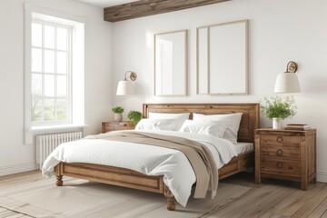 A white bedroom with a wooden bed and night stands, hanging two posters on the wall in a Scandinavian interior design style of modern home decor