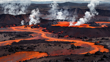 Volcanic landscape with steaming vents and lava fields.