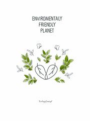 Hand drawn cartoon sketch with leaves. illustration of Environmentally friendly planet concept. Nature conservation sign.Think Green. Protect the World Think Green.