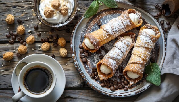 Italian cannoli and coffee on table