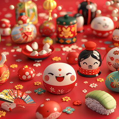 Obraz premium A colorful assortment of small figurines and trinkets are arranged on a red background. Generative AI