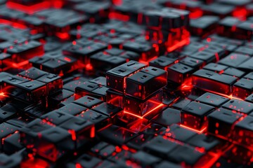 Obraz premium 3D rendering of interconnected red glowing cubes in a technologythemed background. Concept 3D Rendering, Red Glow, Cubes, Technology Background