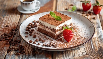 Italian dessert Tiramisu cake with cocoa strawberry and mint served on white plate Cafe food Coffee beans espresso cup on wooden table - obrazy, fototapety, plakaty