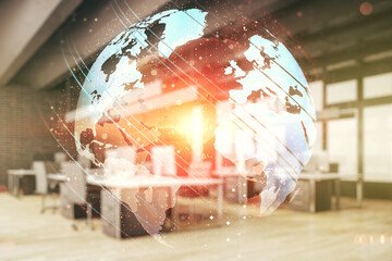 Double exposure of abstract digital world map hologram on a modern furnished office interior background, big data and blockchain concept