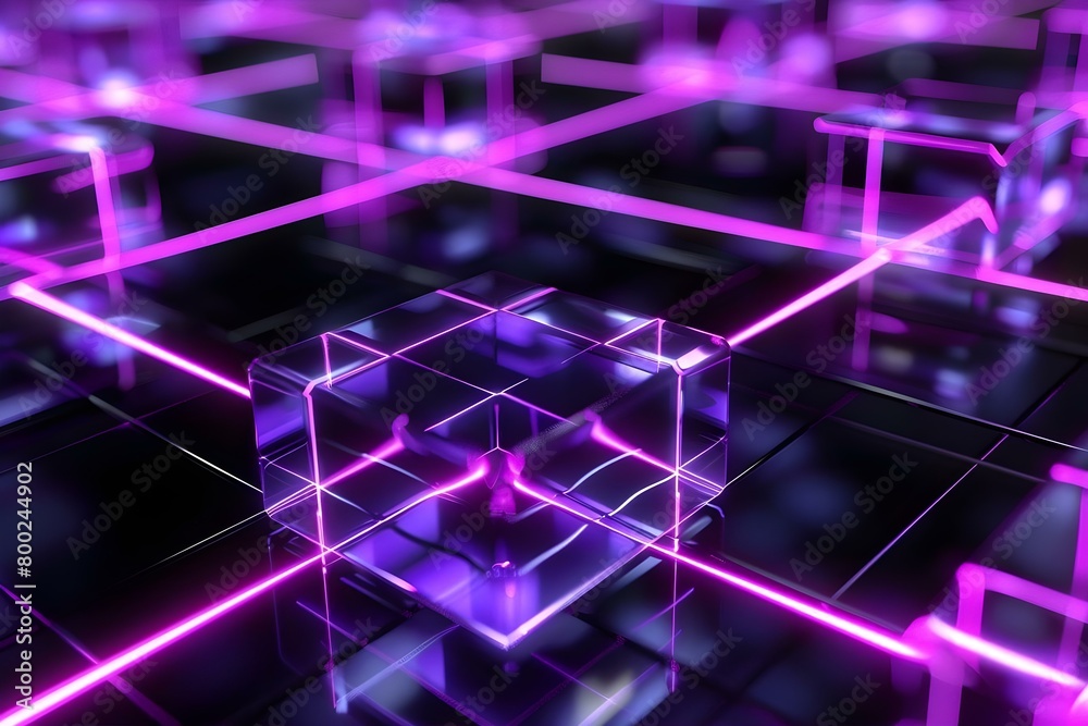 Poster neon purple squares on black background symbolize secure blockchain online storage. concept blockcha