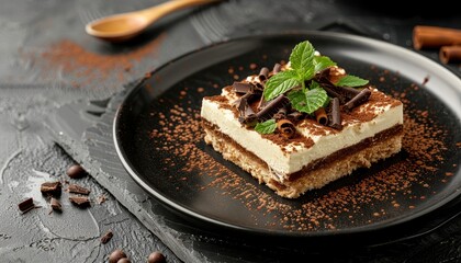 Italian dessert with mint and chocolate on plate