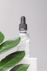 Unbranded serum bottle with branch leaves on grey background. Beauty concept for face and body care