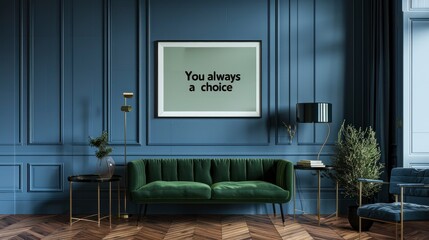 A large frame that said You always a choice on the wall, tiles flooring, green velvet sofa, blue walls, and a black metal side table