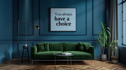 A large frame that said You always have a choice on the wall, tiles flooring, green velvet sofa, blue walls, and a black metal side table
