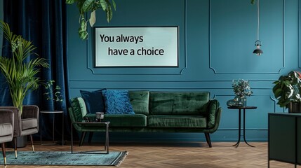 A large frame that said You always have a choice on the wall, tiles flooring, green velvet sofa, blue walls, and a black metal side table