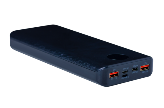 Black power bank on white background isolation