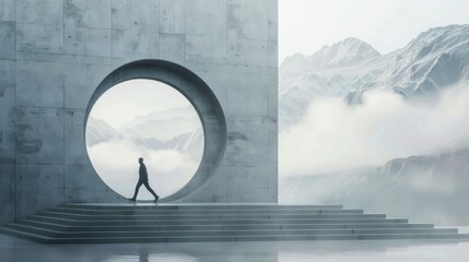 A man in a suit walks past an arch with a large hole in the wall, stairs leading up to it, mountains outside